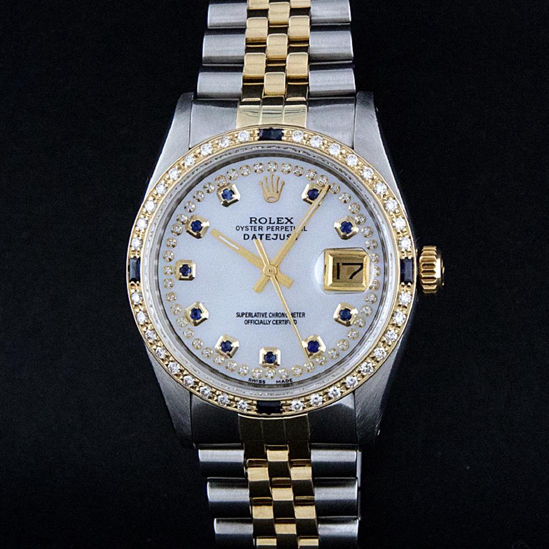 Rolex Two-Tone MOP String Diamond and Sapphire DateJust: One Mens Two Tone Rolex Datejust Polished, Serviced & Electronically Tested, 14K Yellow Gold & Stainless Steel Case:36mm, 14K Yellow Gold Crown, Custom Bezel: 18K Yellow Gold Sapphire Beadset Diamond