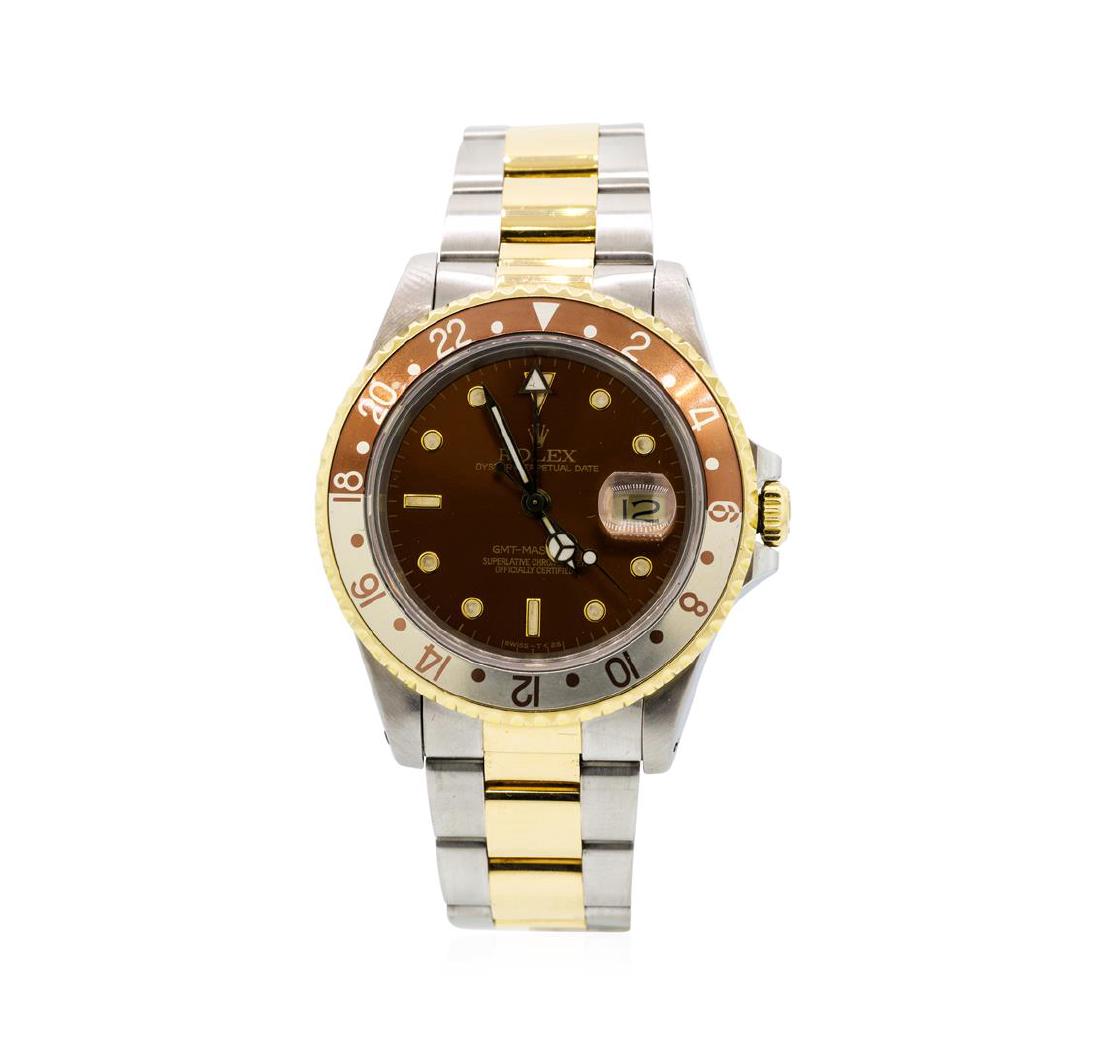 Gents Rolex Date Model Two Tone GMT-Master II: One gents, hand crafted & machine milled Rolex Date GMT-Master II model wristwatch electro-chemically tested.Stainless Steel, Case: 40mm oyster, Rolex Signature 18KT Yellow gold Crown: twin lock with 