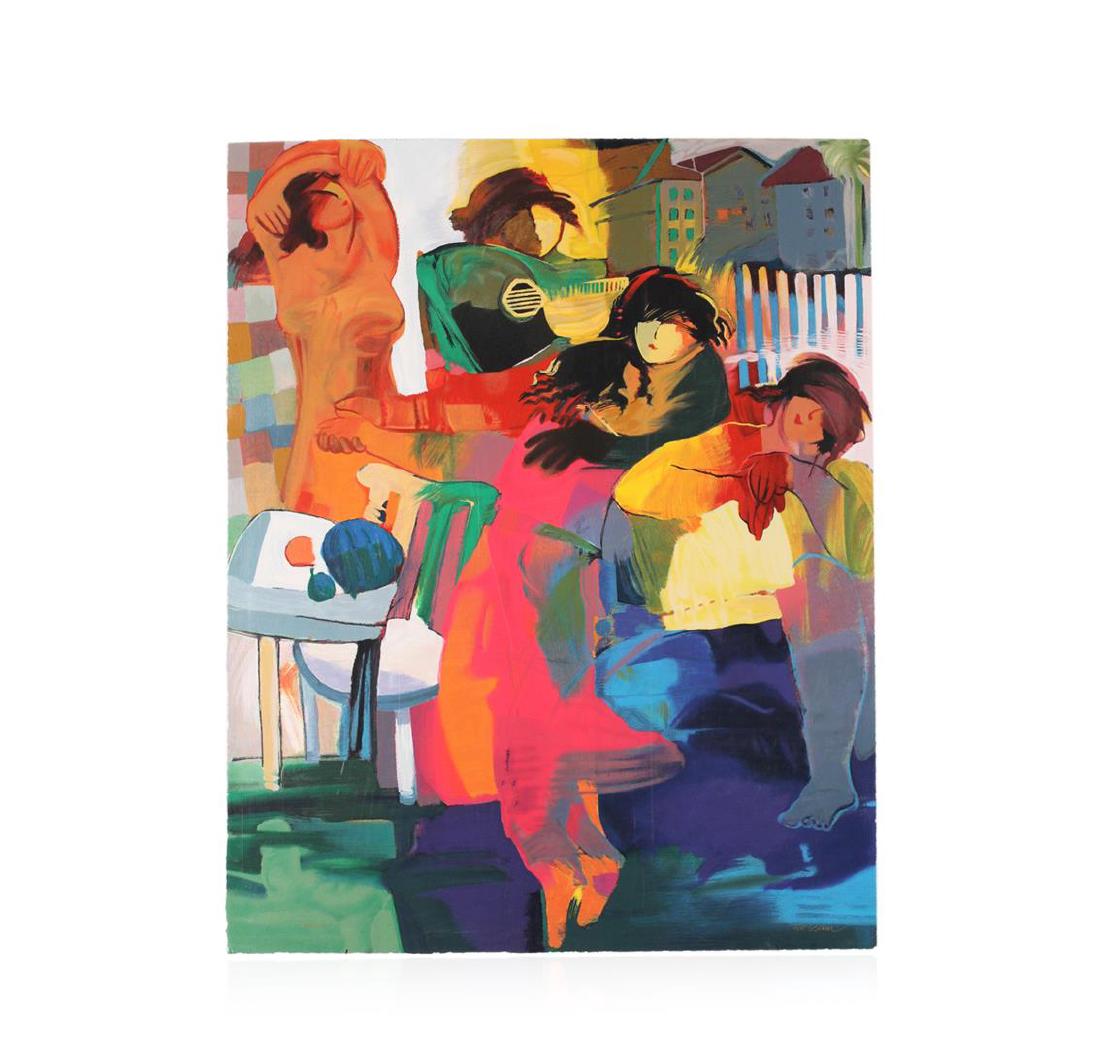 A Simple Event by Hessam: Classic in its beautiful palette of soft and subtle colors, this limited edition serigraph, by Hessam Abrishami, is a large vintage print on deckled-edged fine art paper from his early career. Like mo