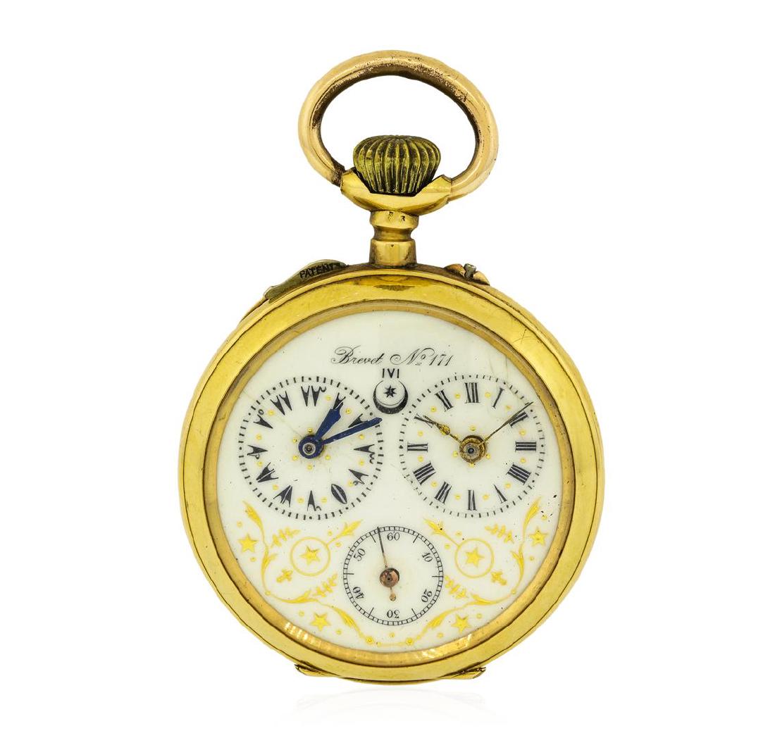 Antique Brevet N171 Pocket Watch - 18KT Yellow Gold: One Brevet N171 vintage 18KT Yellow Gold open-face pocketwatch. Movement: Mechanical with manual winding. Case: Open-Face, 18KT Yellow Gold engraved on the back, measures 46mm in diameter, case number