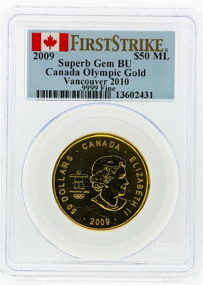 2009 PCGS Superb Gem BU $50 Vancouver 2010 Olympic Gold: One 2009 Canada PCGS Superb Gem BU $50 Vancouver 2010 Olympic 1 Ounce Gold Coin. PCGS Certified.