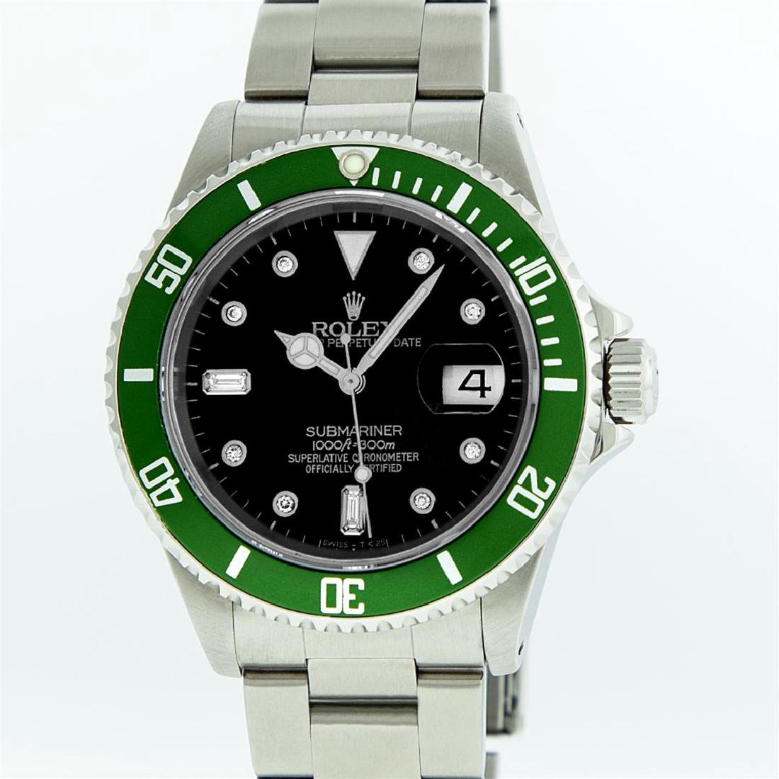 Rolex Stainless Steel Diamond Submariner Men's Watch: One Mens Rolex Submariner With Date Polished, Serviced & Electronically Tested, Stainless Steel Case:41mm, Stainless Steel Crown, Custom Bezel: Stainless Steel Rotatable Bezel With Green Insert. Cryst