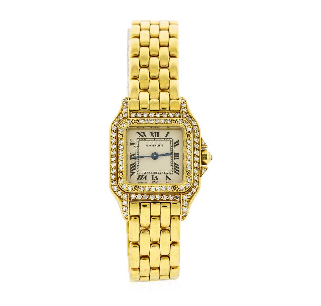 Cartier 18KT Yellow Gold Diamond Panthere Ladies Watch: One ladies, Cartier Panthere wristwatch electronically tested 18KT yellow gold, Case: 30 x 22mm, Swiss Hallmark, Crown: octagonal, set with an inverted round brilliant diamond, Customized Bezel: diamo