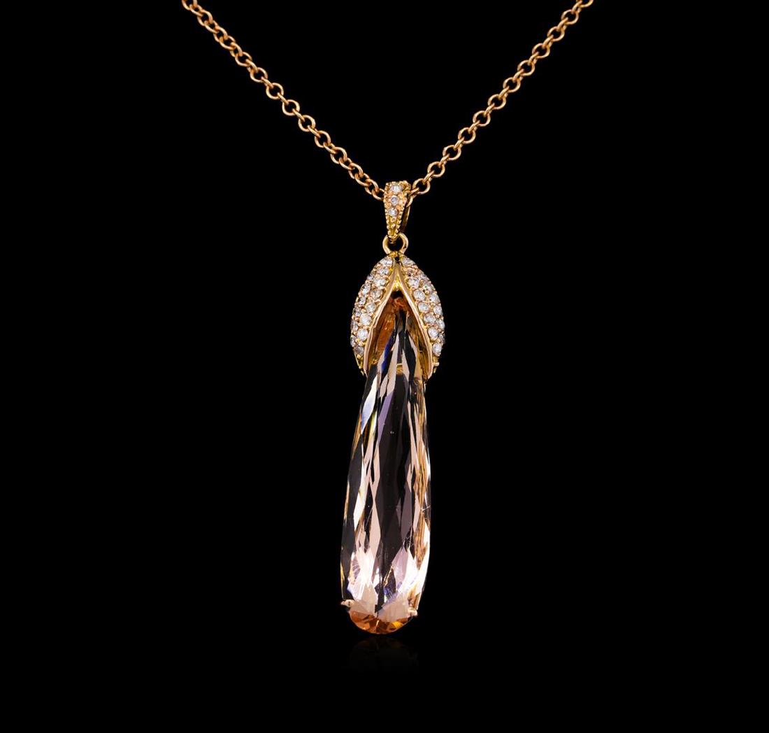 7.88 ctw Morganite and Diamond Pendant - 14KT Rose Gold: One pendant featuring: 14KT rose gold weighing 2.86 grams containing one morganite with a total weight of 7.88ct and side diamonds with a total weight of 0.25ct.