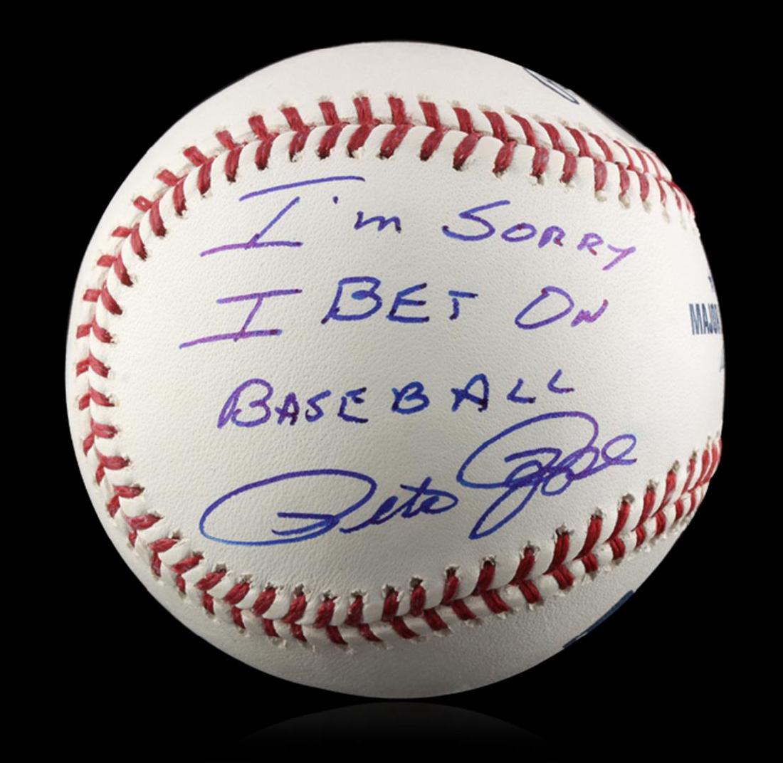 Autographed Pete Rose "I'm Sorry" Baseball PSA: Autographed Pete Rose "I'm Sorry" Baseball PSA Certified. Excellent Condition! DX153MA. Signed Pete Rose baseball with I'm Sorry I bet on Baseball written on the ball. Pete Rose had 4256 hits in his 2