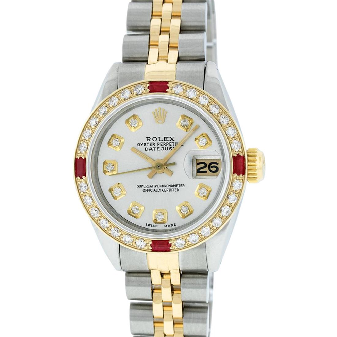 Rolex Two-Tone Diamond and Ruby DateJust Ladies Watch: One Ladies Two Tone Rolex Datejust Polished, Serviced & Electronically Tested, 14K Yellow Gold & Stainless Steel Case:26mm, 14K Yellow Gold Crown, Custom Bezel: 18K Yellow Gold Ruby Beadset Diamond Be