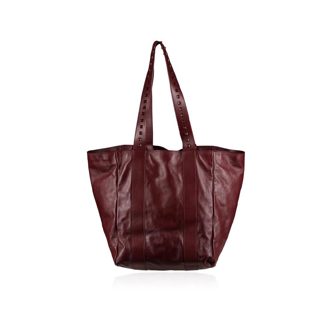 Valentino Garavani Rockstud Handle Burgundy Leather: New with tags designer Valentino Burgundy color napa leather tote bag with 2 sets of double straps. Only one set with longer straps has burgundy rockstuds. The other set of shorter hand straps is smoo