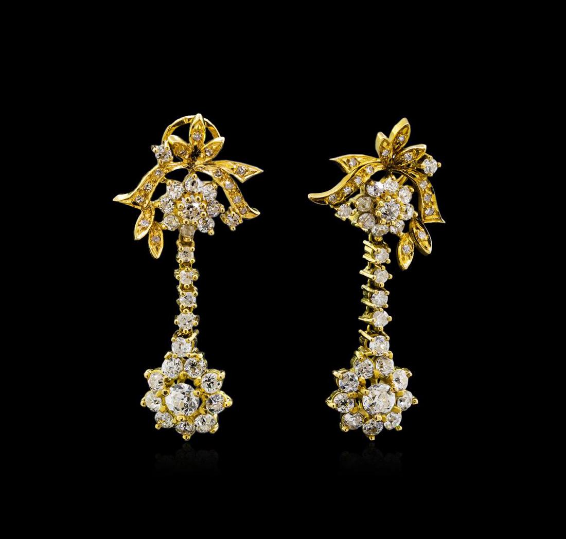 5.95 ctw Diamond Earrings Dangle - 18KT Yellow Gold: One pair electronically tested 18KT yellow gold lady's combination cast & assembled dangle flower design earrings with Omega clip backs with posts with a bright polish finish. Condition is used, good 