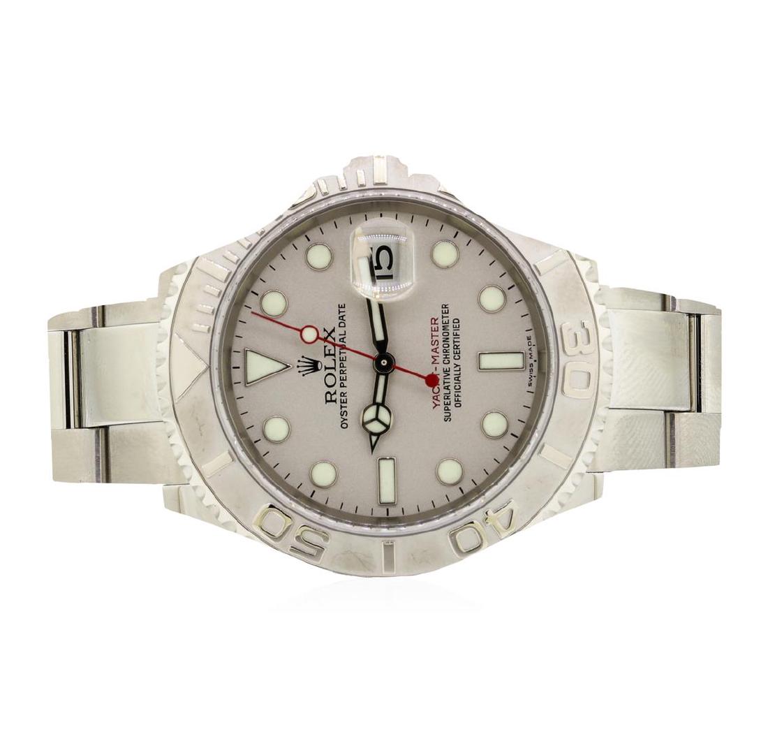 Rolex Stainless Steel and Platinum Yacht Master: One Rolex Yacht-Master wristwatch with a stainless Steel Case: 40mm oyster, Crown: twinlock with logo, set within protective shoulders. Platinum Bezel: bi- directional sixty minute time lapse capabili