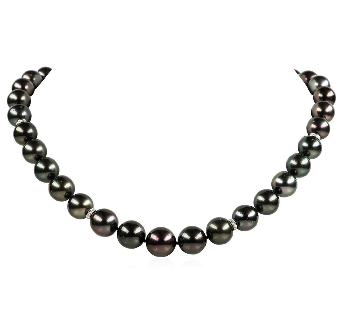 Pearl and Diamond Necklace: One graduated single strand pearl necklace 19.0' princess length, knotted with a tongue clasp & foldover safety containing 35 Tahitian pearls, 14.4mm to 11.0mm in size. The pearls are black in color, 