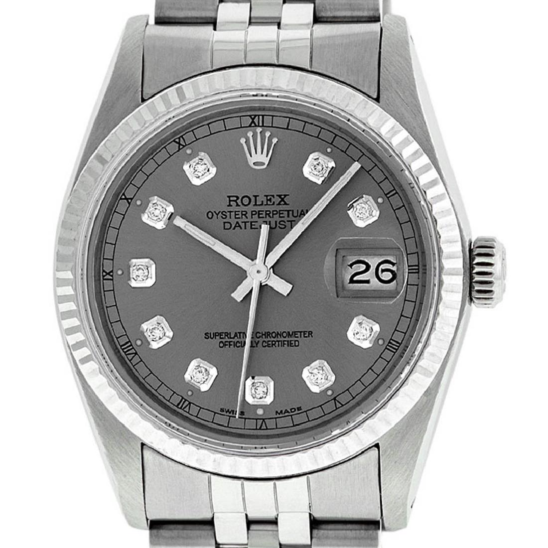 Rolex Mens 36mm Stainless Steel Slate Grey Diamond: One Gents Rolex Datejust Polished Bright with Satin Finish, Serviced & Electronically Tested, Stainless Steel Case:36mm, Stainless Steel Crown, Bezel: 14K White Gold Fluted Bezel. Custom Crystal: Acry