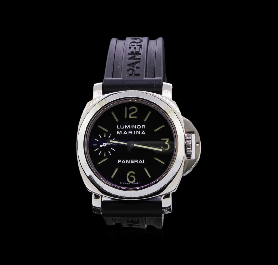 Panerai Stainless Steel Luminor Marina Watch: One Panerai Luminor Marina watch featuring: Case: Stainless steel; see-through sapphire crystal back. Bezel: Stainless steel. Dial: Black color; luminous hour and minute hands; luminous Arabic numeral