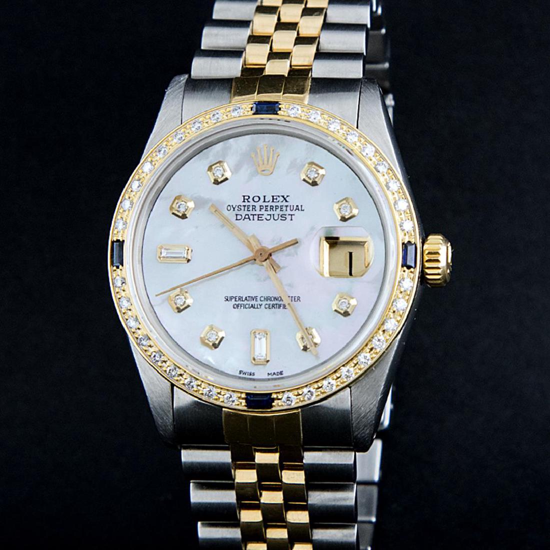 Rolex Two-Tone MOP Diamond and Sapphire DateJust Men's: One Mens Two Tone Rolex Datejust Polished, Serviced & Electronically Tested, 14K Yellow Gold & Stainless Steel Case:36mm, 14K Yellow Gold Crown, Custom Bezel: 18K Yellow Gold Sapphire Beadset Diamond