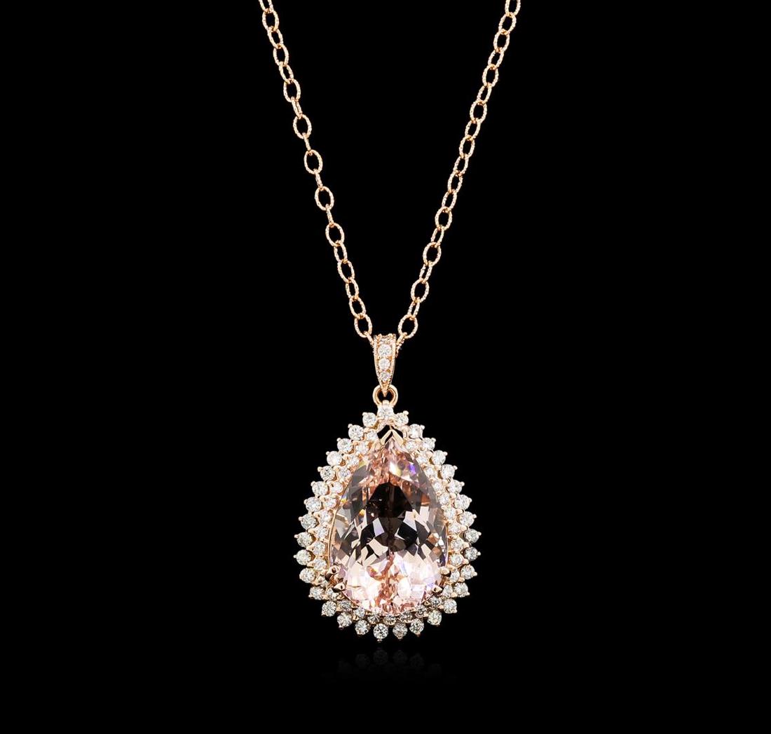 24.32 ctw Morganite and Diamond Pendant With Chain -: One electronically tested 14KT rose gold lady's combination cast & assembled fashion pendant & chain 18.0" long, 2.6mm oval cable link with a lobster claw clasp with a bright polish finish. Identified