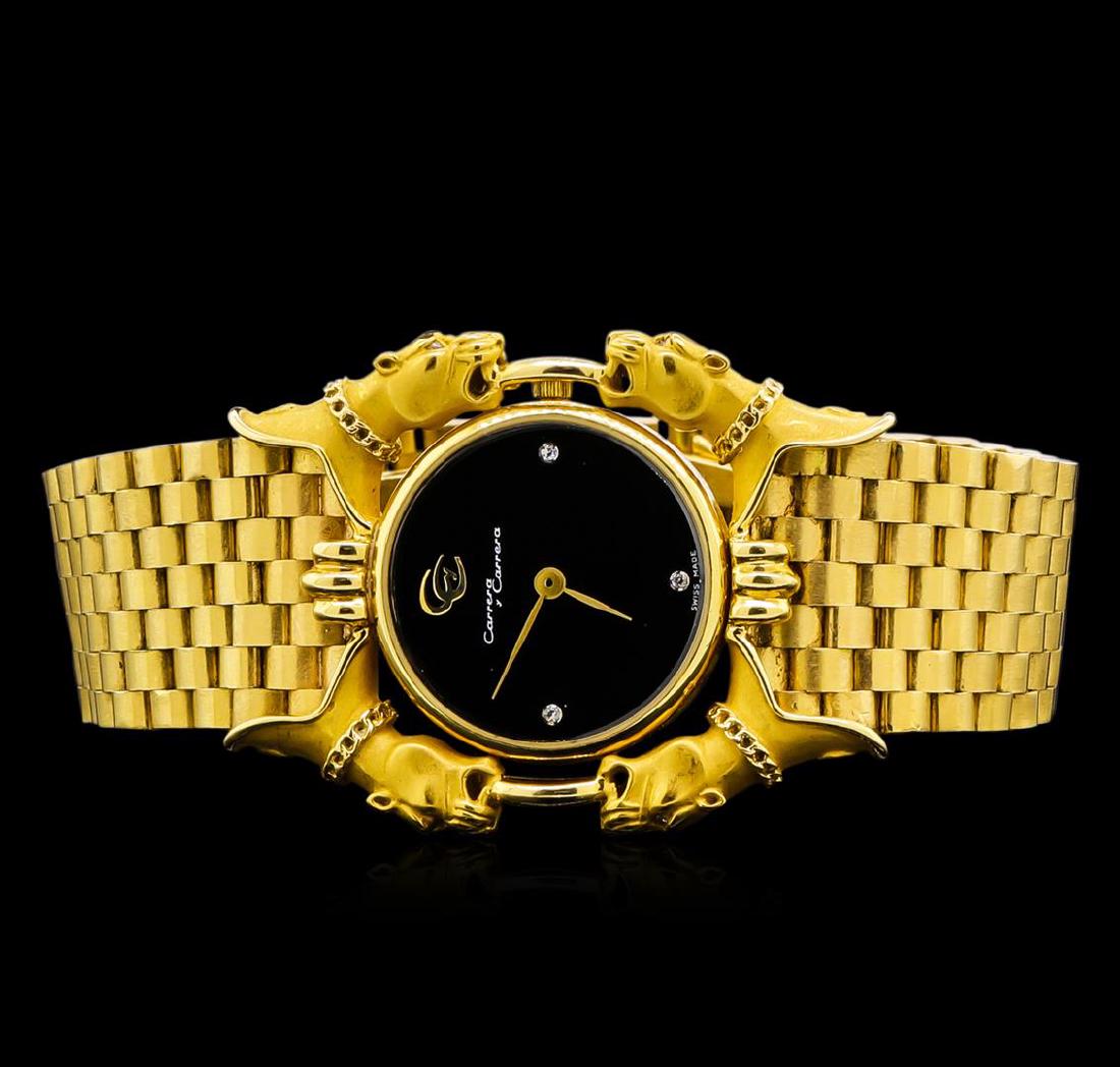 Carrera y Carrera 18KT Yellow Gold Panthere Watch: One, Carrera y Carrera wristwatch electronically tested 18KT yellow gold, Case: 21mm in diameter, Case back: engraved with the manufacturers logo, and ID numbers, Inside Case Back: Hallmarked Carrera