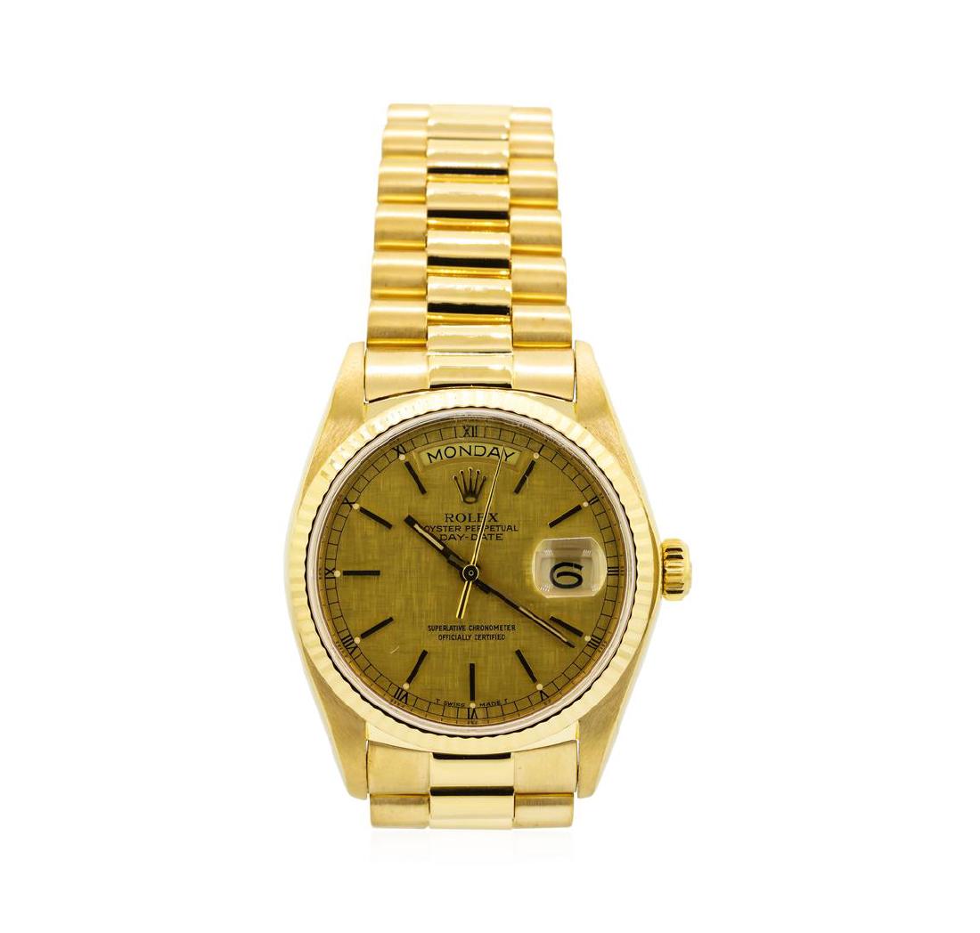 Gents Rolex 18KT Yellow Gold President Daydate Watch: One gents, hand crafted & machine milled Rolex DayDate wristwatch the President electronically tested 18KT yellow gold, Swiss Hallmarked Case: 36mm oyster, Rolex Signature Crown: twinlock with high re