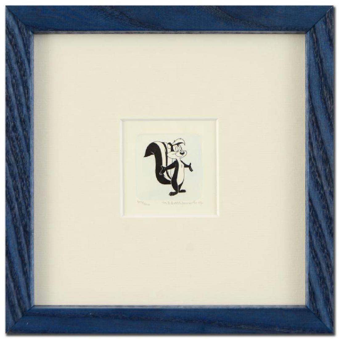 Pepe Le Pew: "Pepe Le Pew" is a limited edition etching on paper with hand-tinted coloring from Warner Bros. (dated 1999) and numbered! This piece is framed and is ready to hang. Measures approx. 8.5" x 8.5" (with