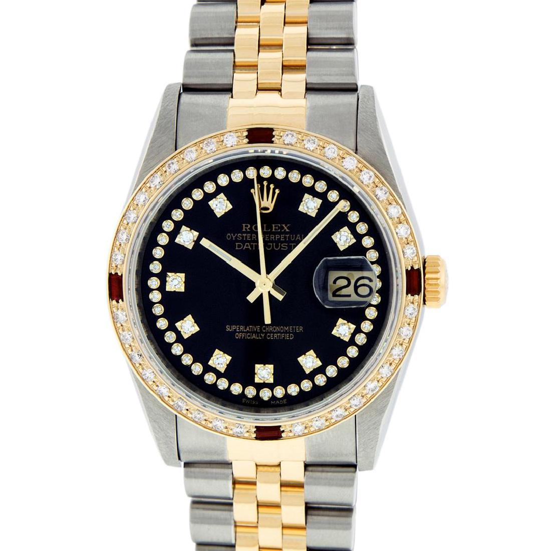 Rolex Two-Tone VVS Diamond and Ruby DateJust Men's: One Mens Two Tone Rolex Datejust Polished, Serviced & Electronically Tested, 14K Yellow Gold & Stainless Steel Case:36mm, 14K Yellow Gold Crown, Custom Bezel: 18K Yellow Gold Ruby Beadset Diamond Beze