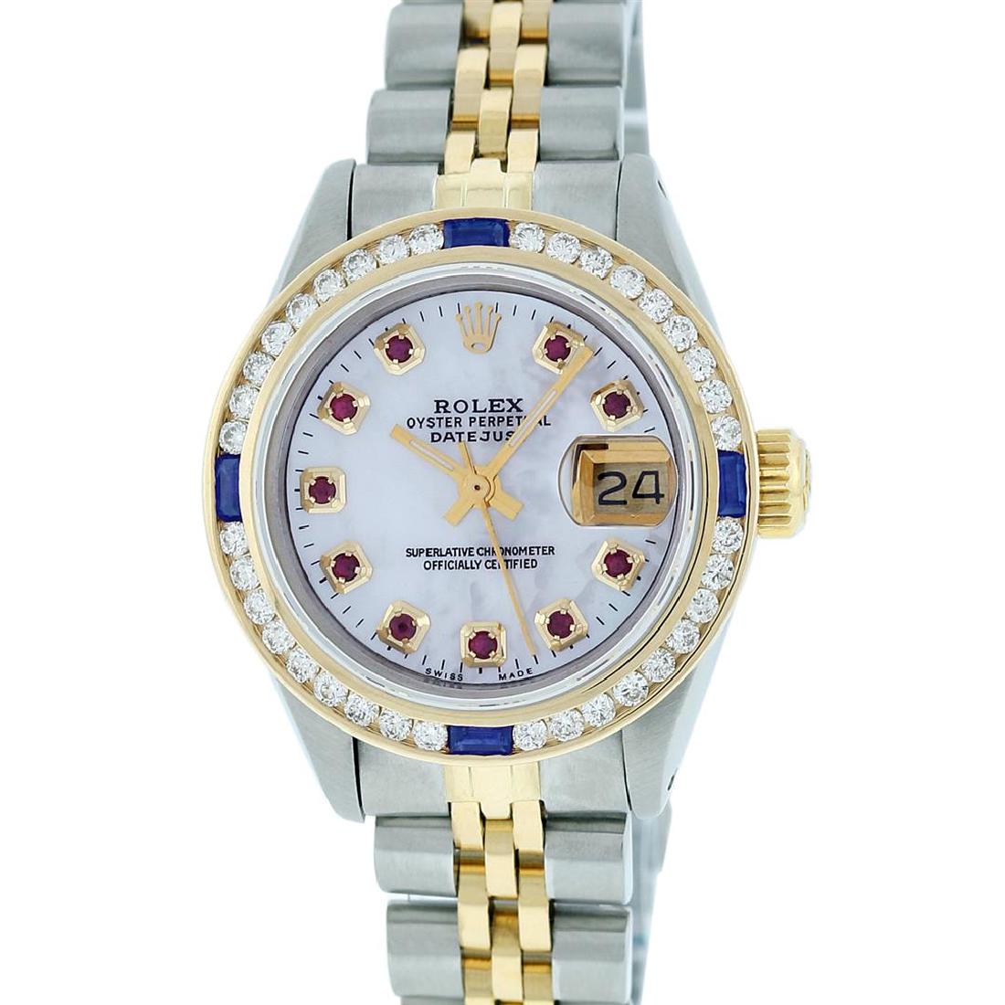 Rolex Two-Tone Ruby and Sapphire Channel Set Diamond: One Ladies Two Tone Rolex Datejust Polished, Serviced & Electronically Tested, 14K Yellow Gold & Stainless Steel Case:26mm, 14K Yellow Gold Crown, Custom Bezel: 18K Yellow Gold Sapphire Channel Set Di