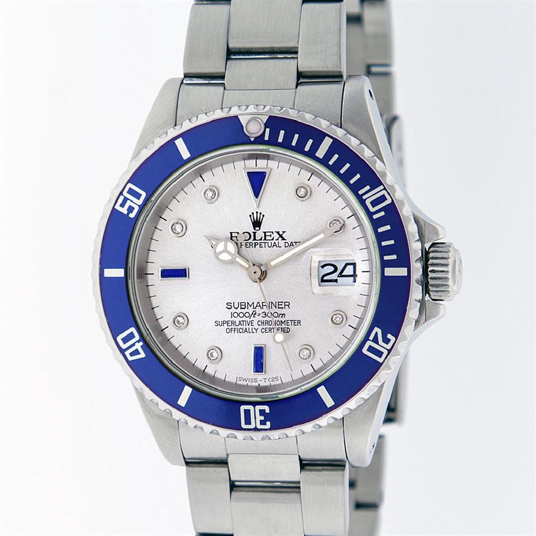 Rolex Stainless Steel Sapphire and Diamond Submariner: One Mens Rolex Submariner With Date Polished, Serviced & Electronically Tested, Stainless Steel Case:41mm, Stainless Steel Crown, Custom Bezel: Stainless Steel Rotatable Bezel With Blue Insert. Crysta