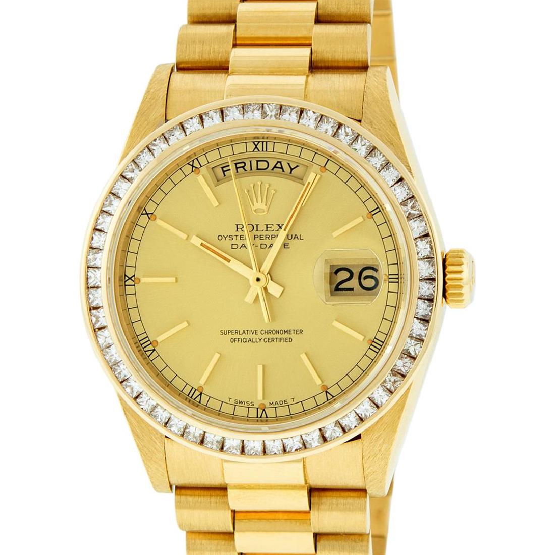 Rolex 18KT Gold President 2.75 ctw Diamond DayDate: One Mens Rolex Day Date 18K Yellow Gold President Polished, Serviced & Electronically Tested, 18K Yellow Gold Case:36mm, 18K Yellow Gold Crown, Custom Bezel: 14K Yellow Gold Princess Cut Diamond Bezel