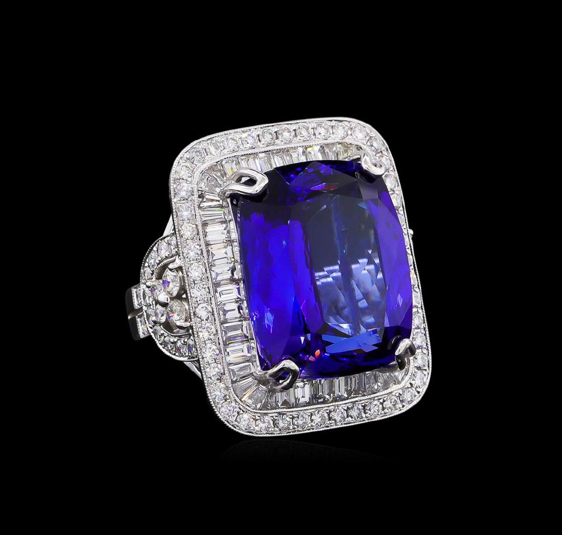 18KT White Gold GIA Certified 21.75 ctw Tanzanite and: One electronically tested 18KT white gold ladies combination cast & assembled prong set ring with a flat shank with a bright polish finish. Identified with markings of "18K". Condition is new. Contain
