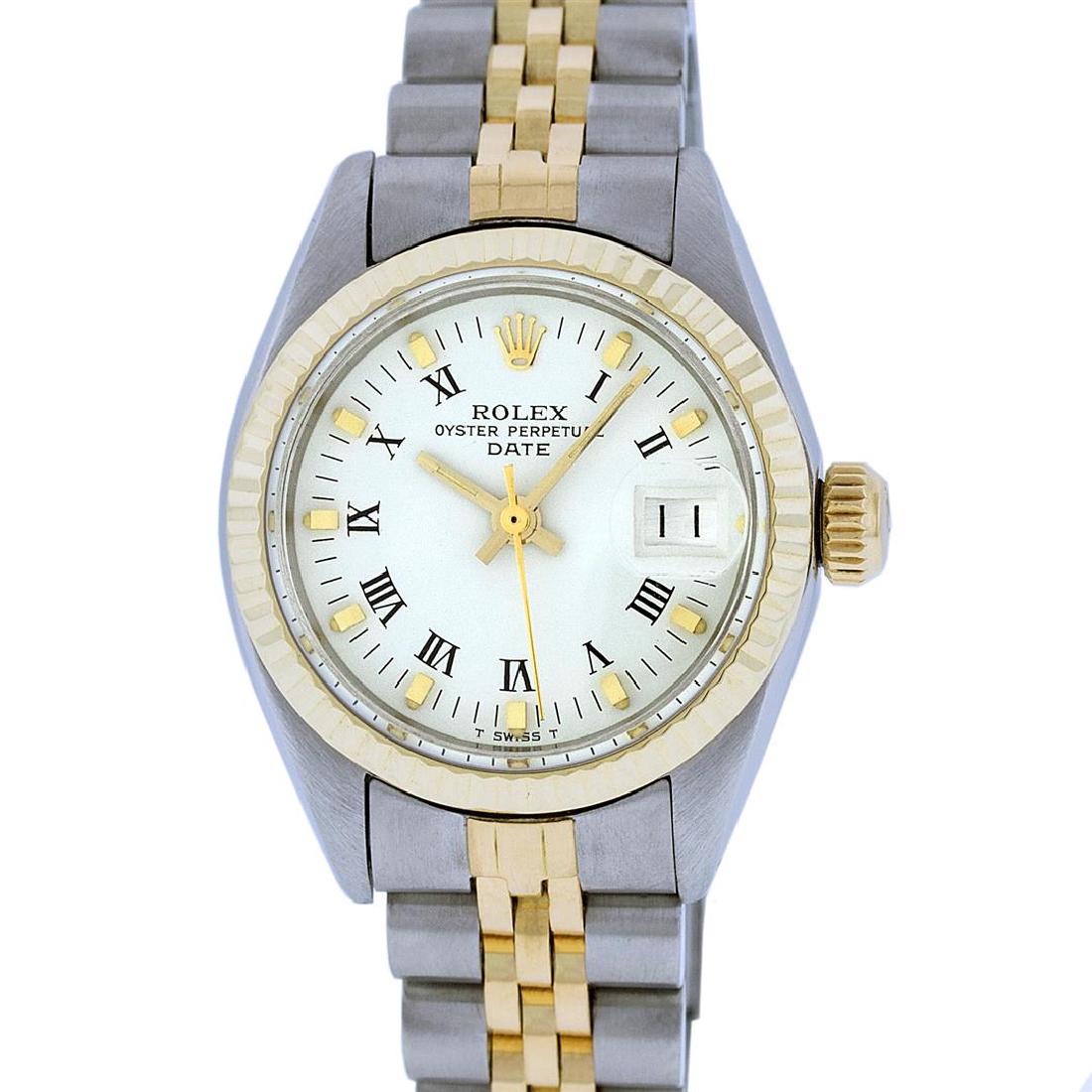 Rolex Two-Tone White Roman Yellow Gold Fluted Jubilee: One Ladies Two Tone Rolex Datejust Polished, Serviced & Electronically Tested, 14K Yellow Gold & Stainless Steel Case:26mm, 14K Yellow Gold Crown, Bezel: 14K Yellow Gold Fluted Bezel. Custom Crystal: 