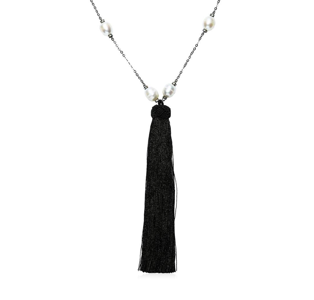 12mm Pearl Silk Tassel Necklace - Rhodium Plated: High end designer jewelry. 12mm Pearl Silk Tassel Necklace - Rhodium Plated. Rhodium Plated Chain. Blk/ Black. 30/6inches.