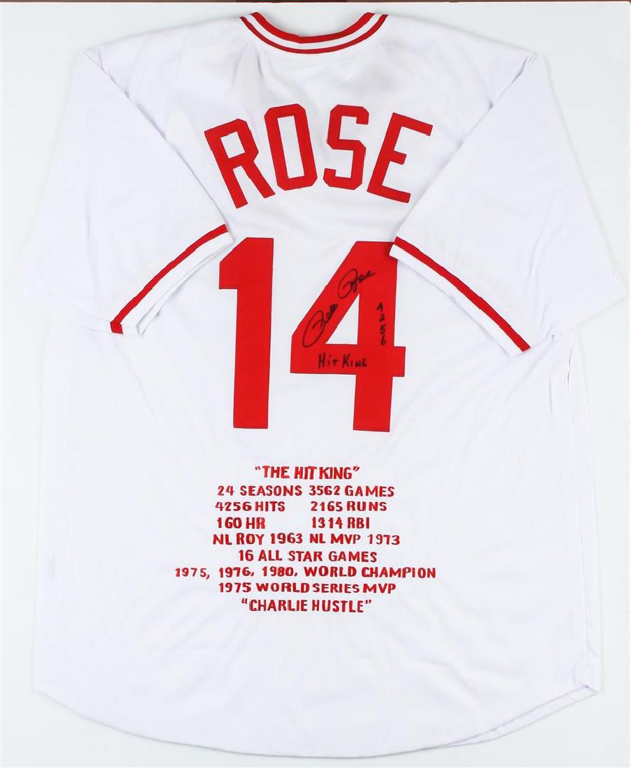 Cincinnati Reds Pete Rose Autographed Jersey With Stats: Cincinnati Reds Pete Rose Autographed Jersey With Stats. Pete Rose had 4256 hits in his 24 year career with the Reds, Phillies, and the Expos. Pete won 3 World Series Titles. He won in 1975 and 1976 w
