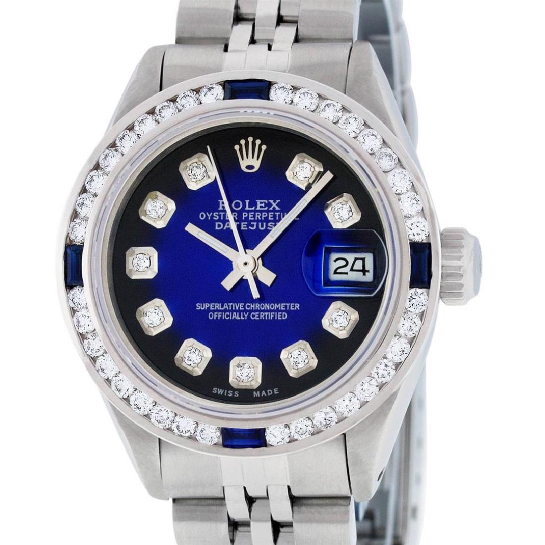 Rolex Ladies Stainless Steel Blue Vignette Diamond And: One Ladies Rolex Datejust Polished Bright with Satin Finish, Serviced & Electronically Tested, Stainless Steel Case:26mm, Stainless Steel Crown, Custom Bezel: 18K White Gold Sapphire Channel Set Diamo