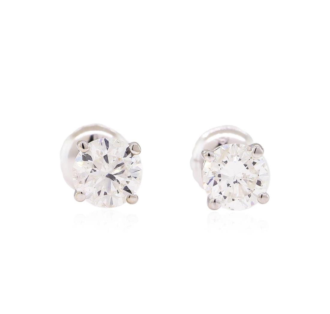 1.04 ctw Diamond Stud Earrings - 14KT White Gold: One pair electronically tested 14KT white gold lady's combination cast & assembled stud earrings with threaded posts and screw-on/screw-off backs with a bright polish finish. Identified with markings