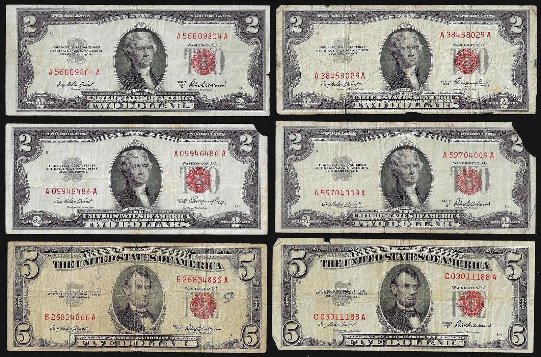 Lot of (4) 1953 $2 and (2) 1953 $5 Legal Tender Notes: One Lot of (4) 1953 $2 and (2) 1953 $5 Legal Tender Notes.