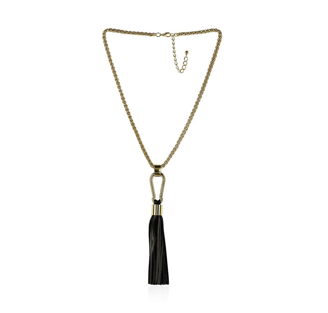 Leather Tassel Hook Pendant Necklace - Gold Plated: High end designer jewelry. Leather Tassel Hook Pendant Necklace - Gold Plated. Gold Plated Metal/3.5" Ext Clasp. Black/ Gold. 24/7N"inches. Total Weight: 95.1 grams.