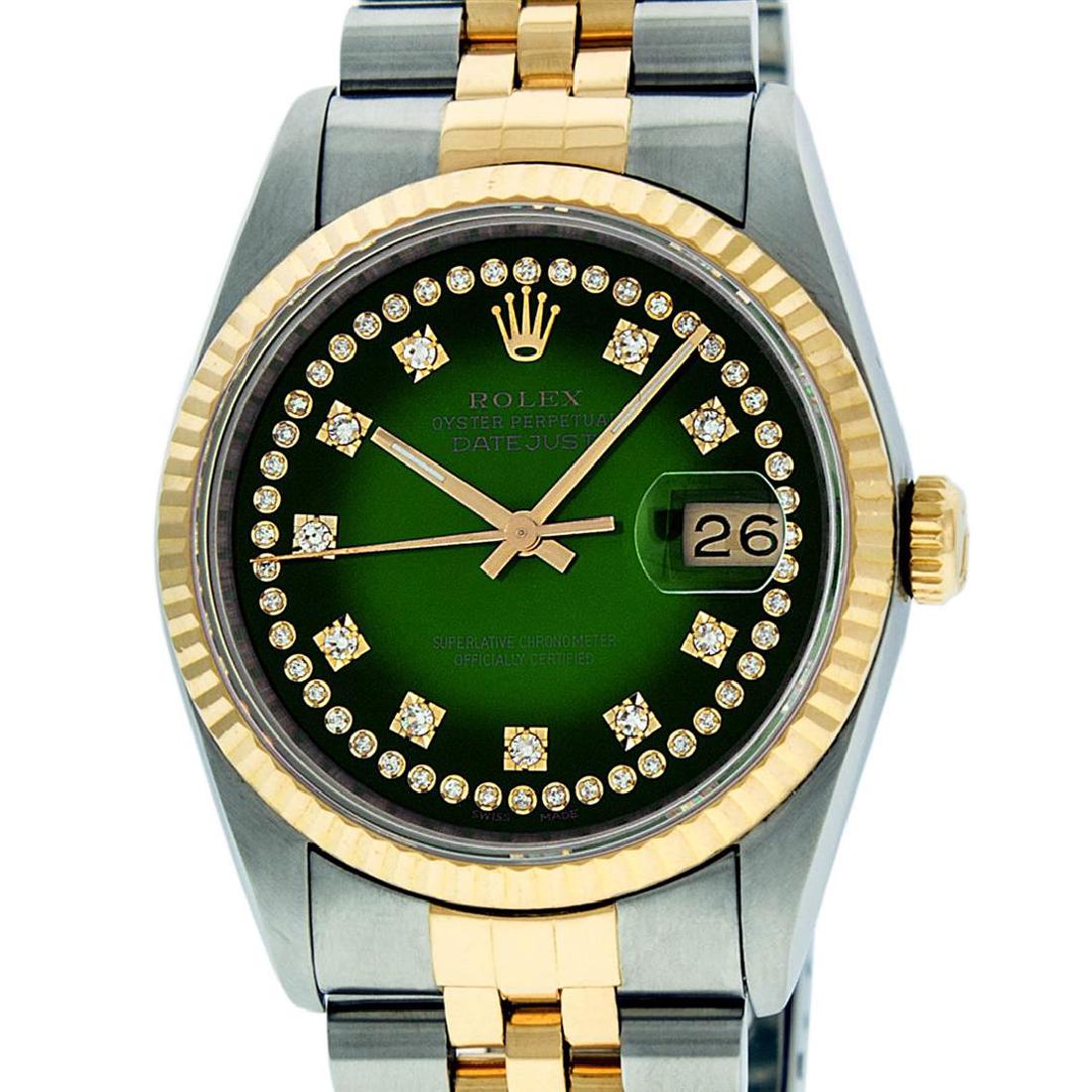 Rolex Mens 36mm Two Tone Yellow Gold Green Vignette: One Gents Two Tone Rolex Datejust Polished, Serviced & Electronically Tested, 14K Yellow Gold & Stainless Steel Case: 36mm, 14K Yellow Gold Crown, Bezel: 18K Yellow Gold Fluted Bezel. Custom Crystal