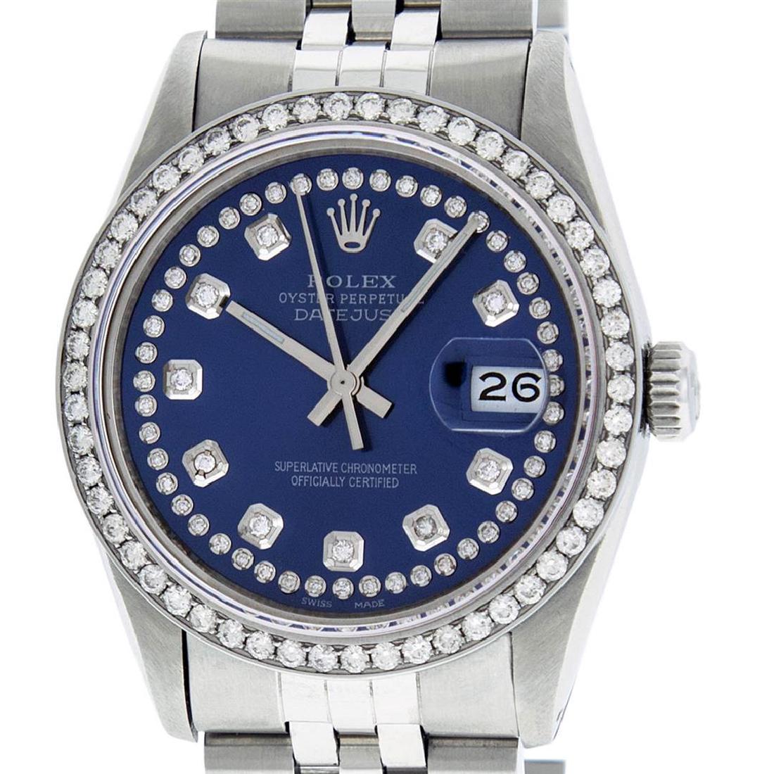 Rolex Mens 36mm Stainless Steel Blue String Diamond: One Mens Rolex Datejust Polished Bright with Satin Finish, Serviced & Electronically Tested, Stainless Steel Case:36mm, Stainless Steel Crown, Custom Bezel: Stainless Steel Beadset Diamond Bezel, Di