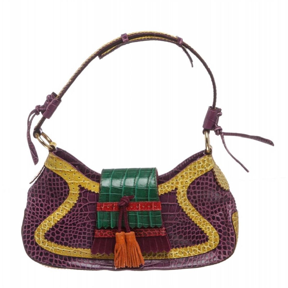 Etro Multicolor Croc Embossed Leather Shoulder Handbag: One Etro Multicolor Croc Embossed Leather Shoulder Handbag. Etro multicolor croc embossed leather small shoulder handbag. Gold tone hardware, magnetic flap, and zip top closure. Inner green lining and
