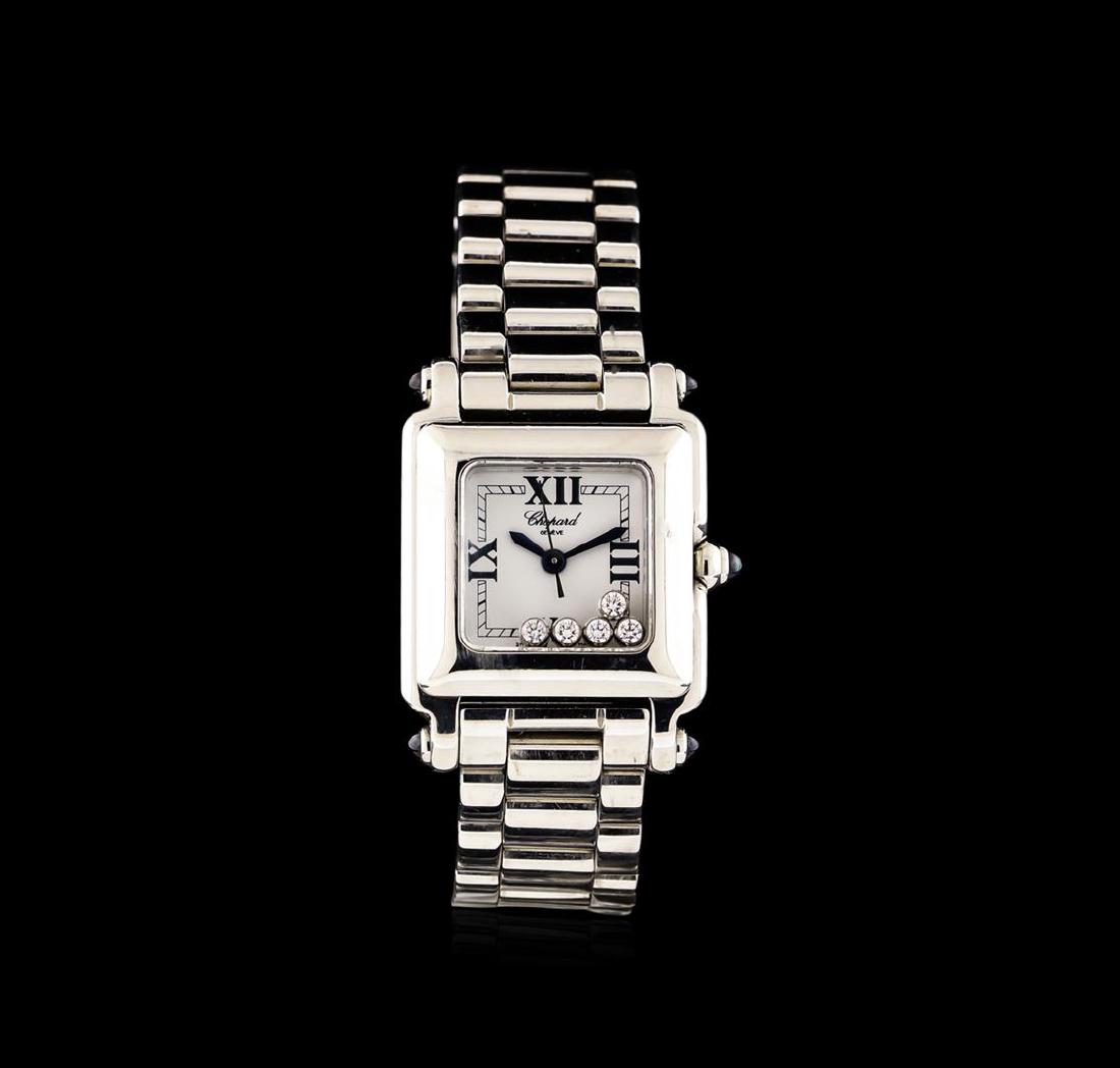 Chopard Stainless Steel Diamond Happy Sport Watch: One ladies, Chopard Happy Sport Square Diamond wristwatch electronically tested Stainless Steel. Case: 31 x 23mm, Case Back: secured with four inset screws, engraved with manufactures information and