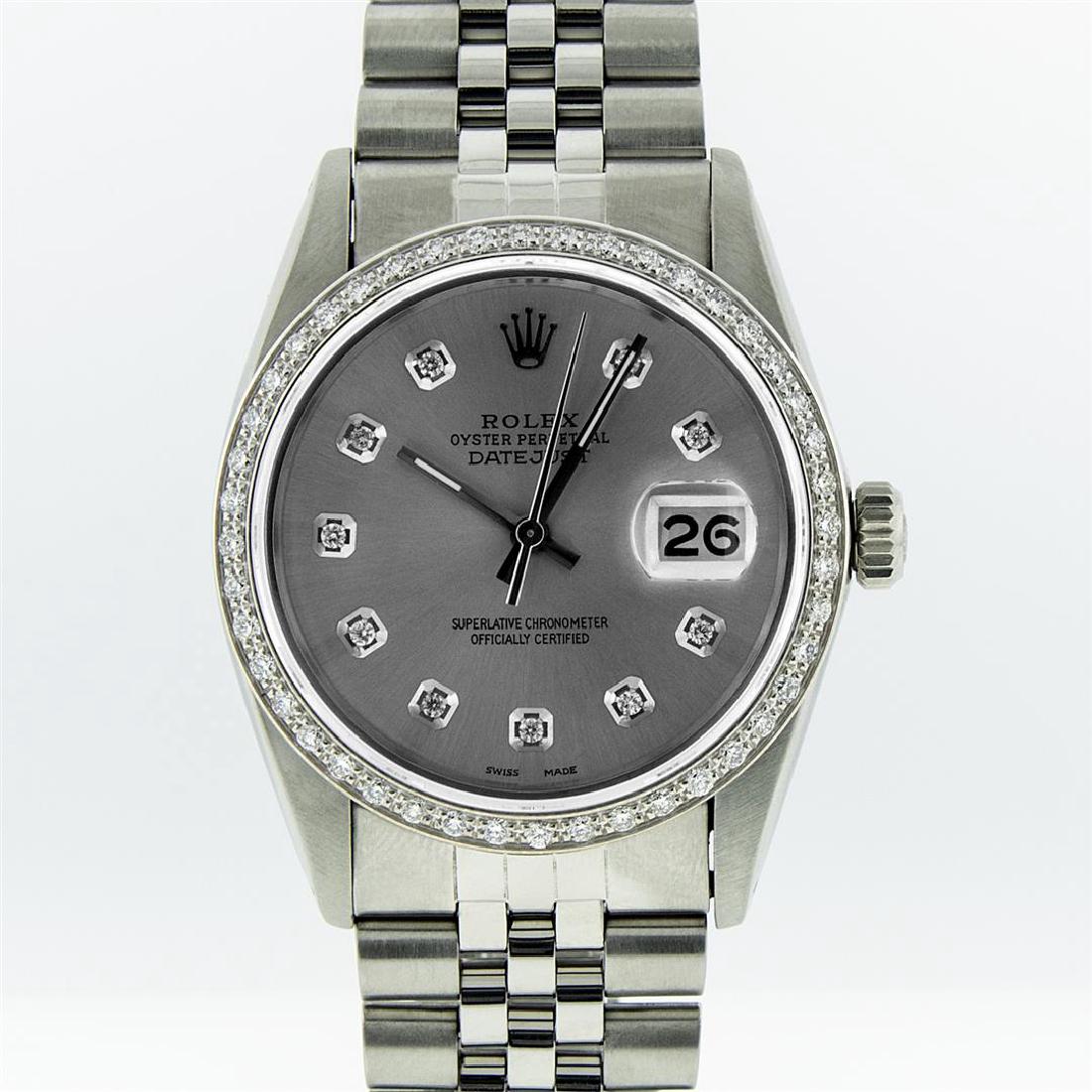 Rolex Stainless Steel Diamond DateJust Men's Watch: One Mens Rolex Datejust Polished, Serviced & Electronically Tested, Stainless Steel Case:36mm, Stainless Steel Crown, Custom Bezel: 18K White Beadset Diamond Bezel, Diamond Count: 44 Diamonds . Total