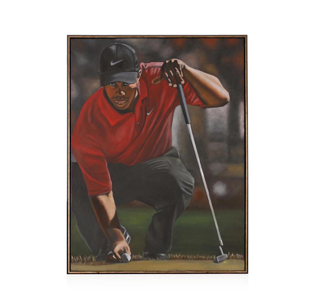 Sunday Crouch by Michael Joseph: Framed Original Oil on Canvas Michael Joseph captured Tiger Woods in his prime, lining up his put with that signature assist from his tongue. This original oil portrait was displayed in Westlake Villa