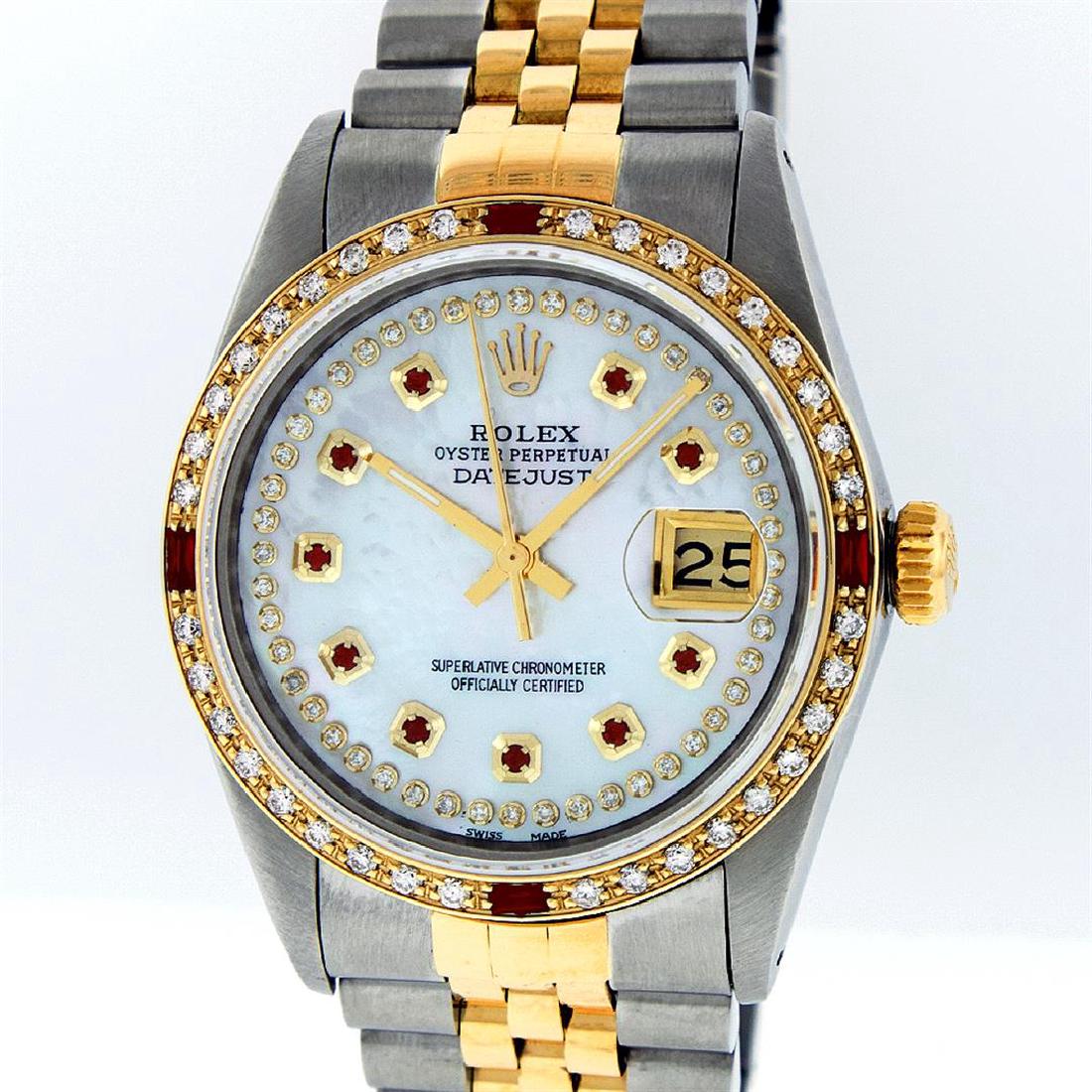 Rolex Two Tone Diamond and Ruby DateJust Men's Watch: One Mens Two Tone Rolex Datejust Polished, Serviced & Electronically Tested, 14K Yellow Gold & Stainless Steel Case:36mm, 14K Yellow Gold Crown, Custom Bezel: 18K Yellow Gold Ruby Beadset Diamond Beze