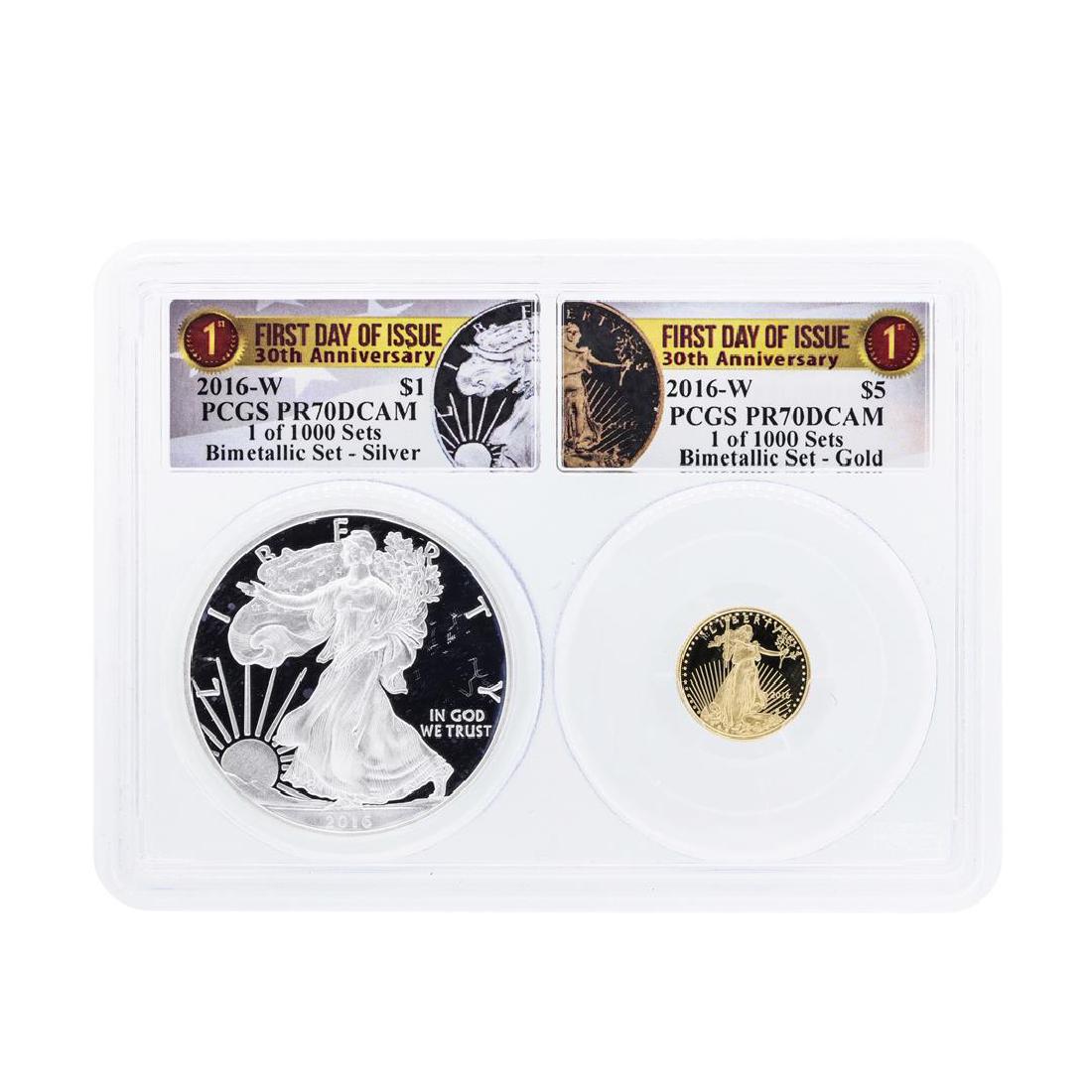 2016-W American Silver & Gold Eagle 30th Anniversary: One 2016-W American Silver & Gold Eagle 30th Anniversary Proof Bimetallic Set PCGS PR70DCAM. PCGS Certified.