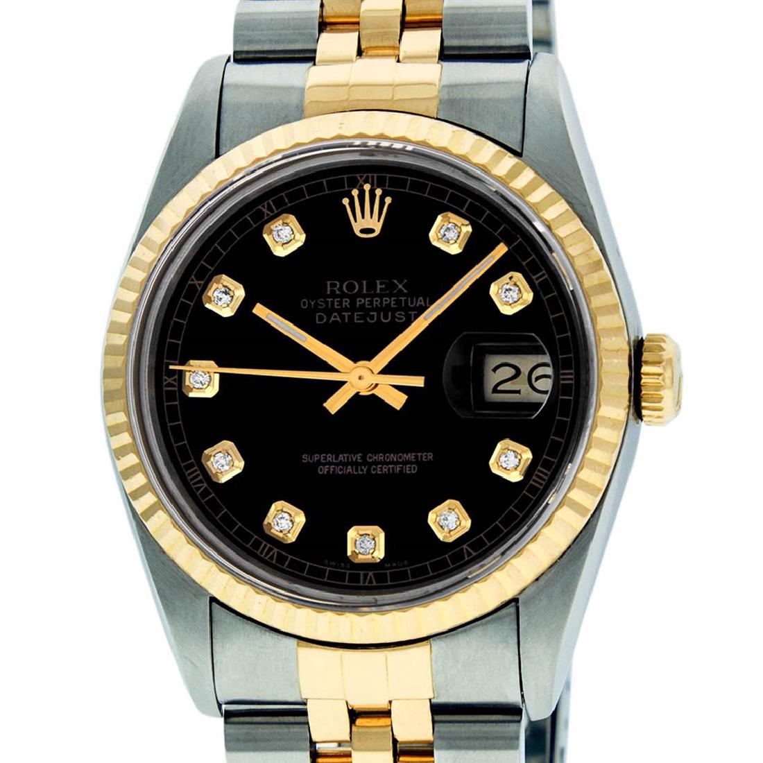 Rolex Mens 36mm Two Tone Yellow Gold Black: One Gents Two Tone Rolex Datejust Polished, Serviced & Electronically Tested, 14K Yellow Gold & Stainless Steel Case: 36mm, 14K Yellow Gold Crown, Bezel: 18K Yellow Gold Fluted Bezel. Custom Crystal