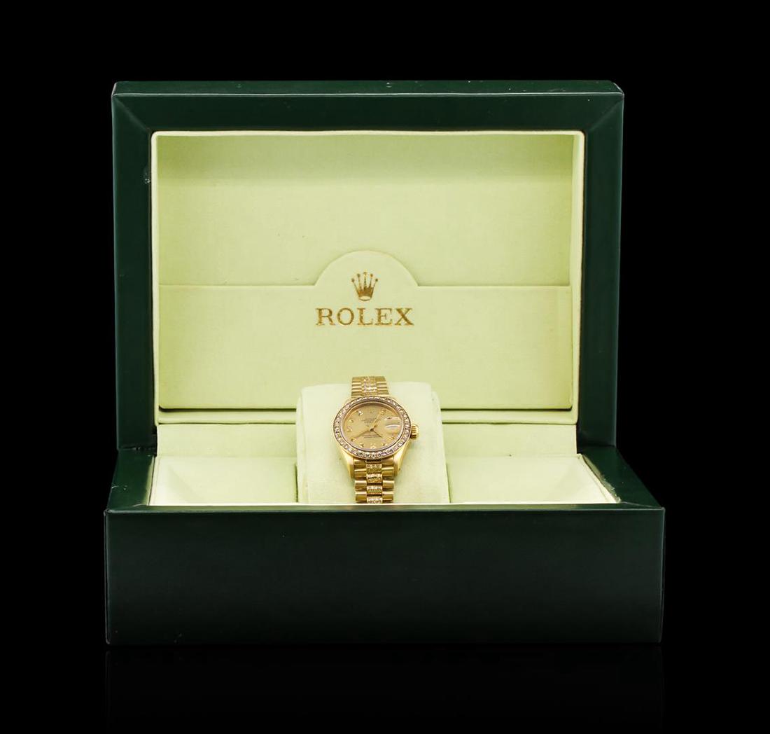 Rolex 18KT Gold Super President 1.82 ctw Diamond: One ladies, hand crafted & machine milled Rolex customized DateJust Model wristwatch electronically tested 18KT yellow gold, Swiss Hallmarked Case: 26mm oyster, Crown: twinlock with logo, Custom Bezel