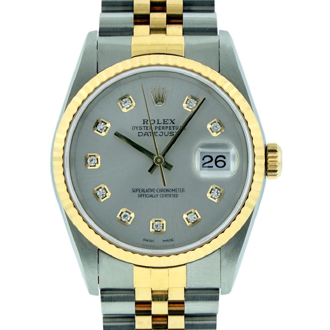 Rolex Two-Tone Diamond Quickset DateJust Men's Watch: One Gents 18K Yellow Gold Two Tone Rolex Datejust Polished, Serviced & Electronically Tested, 18K Yellow Gold & Stainless Steel Case:36mm. Bezel: 18K Yellow Gold Fluted Bezel. Custom Crystal: Syntheti