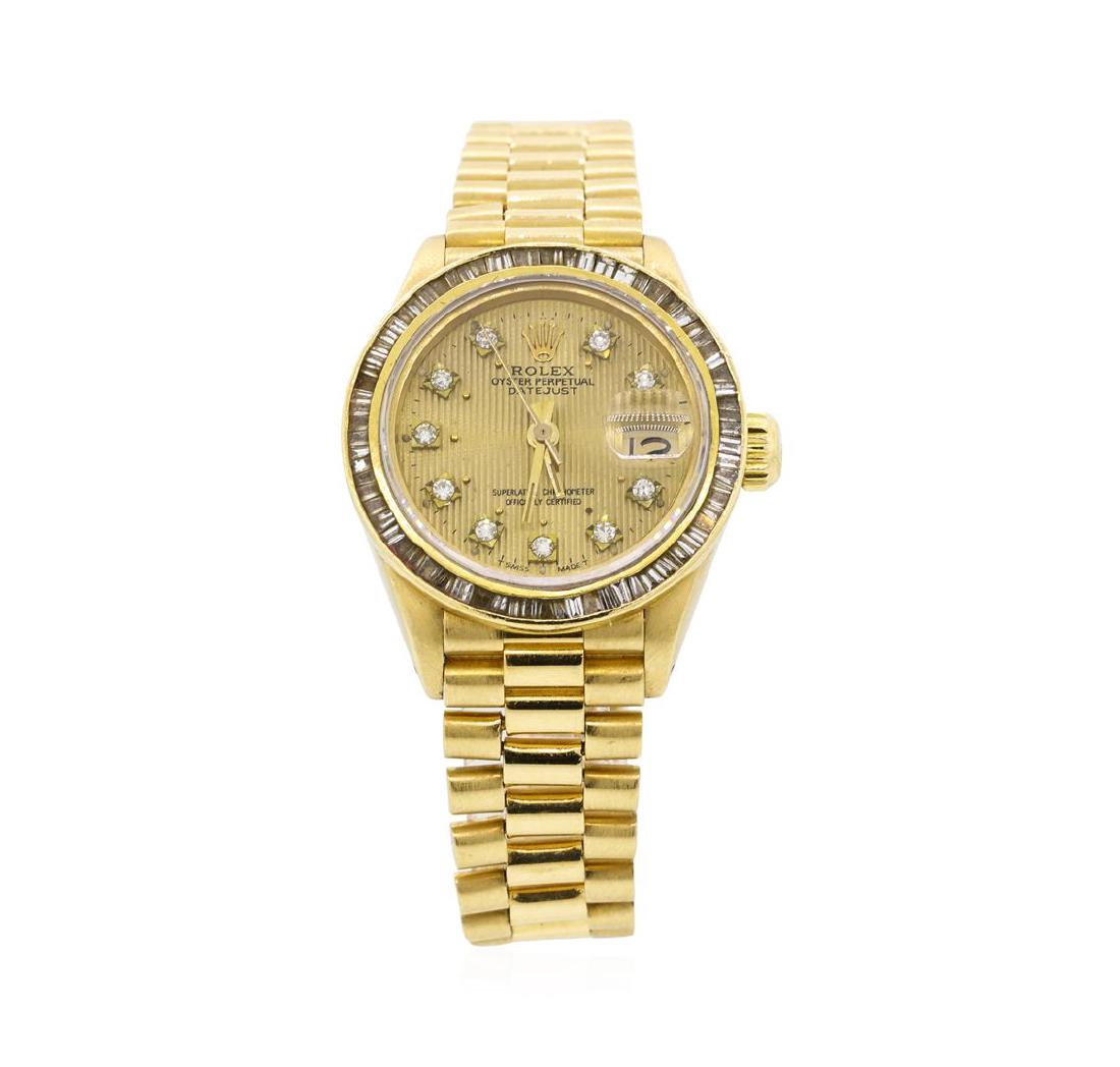 Rolex Ladies President Datejust Wristwatch: One ladies, hand crafted & machine milled Rolex Lady President the DateJust model wristwatch electro-chemically tested 18KT yellow gold. Circa: 1978, Case: 26mm oyster, Rolex Signature Crown: twinlock