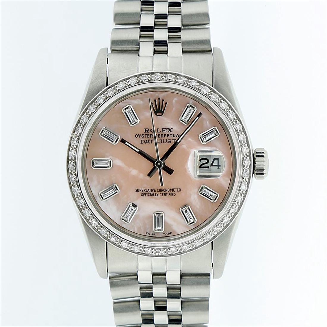 Rolex Stainless Steel Pink MOP Diamond DateJust Men's: One Gents Rolex Datejust Polished, Serviced & Electronically Tested, Stainless Steel Case:36mm, Stainless Steel Crown, Custom Bezel: 18K White Gold Beadset Diamond Bezel, Diamond Count: 44 Diamonds, T