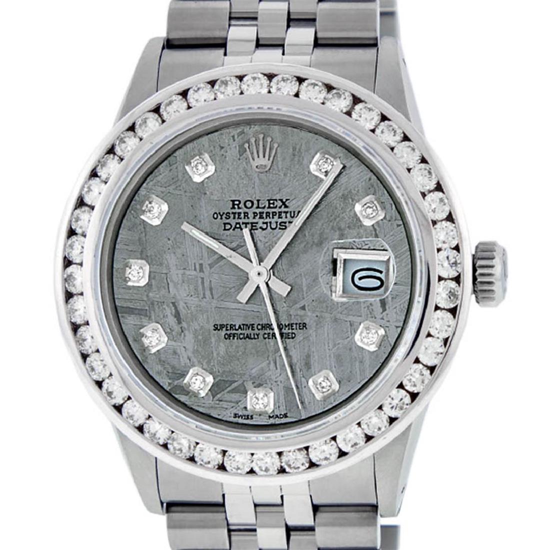 Rolex Mens Stainless Steel Meteorite 3.15 Carat Diamond: One Mens Rolex Datejust Polished Bright with Satin Finish, Serviced & Electronically Tested, Stainless Steel Case:36mm, Stainless Steel Crown, Custom Bezel: 18K White Gold 3ct Channel Set Diamond Beze
