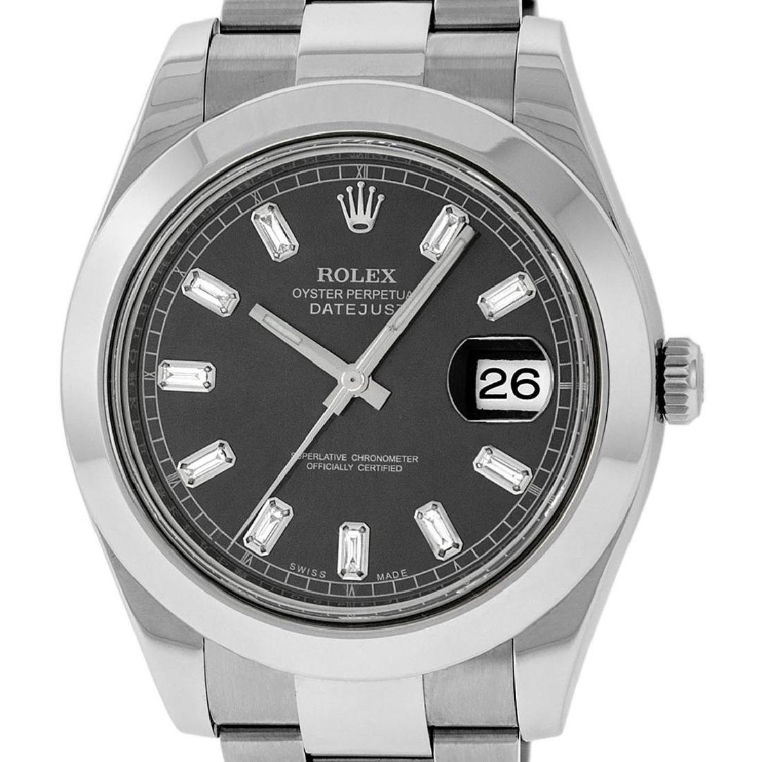Rolex Mens SS 41MM Dark Rhodium Baguette Diamond: One Mens Rolex Datejust 2 Polished With High Polish, Serviced & Electronically Tested, Stainless Steel Case:41mm, Stainless Steel Crown, Bezel: Stainless Steel Smooth Bezel, . Crystal: Synthetic Sapph