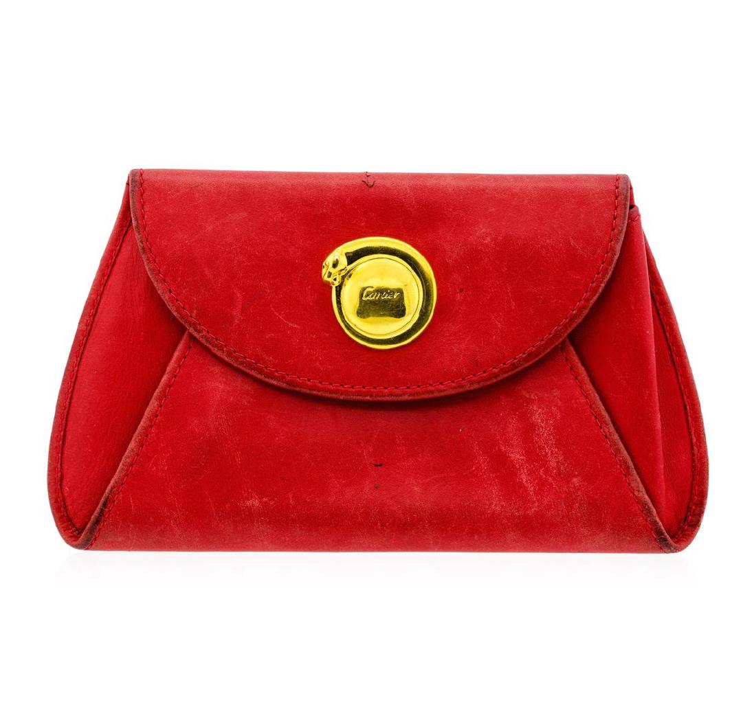Cartier Red Wallet: One Cartier women's "Panther" red clutch bag, measuring approximately 5.5" x 3.6". The bag is made of red leather and is in good condition.