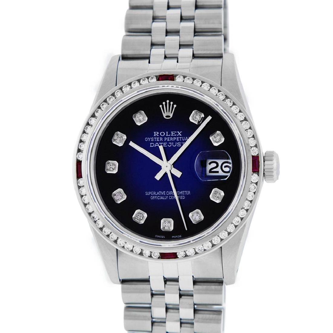 Rolex Mens Stainless Steel Blue Vignette Diamond & Ruby: One Mens Stainless Steel Rolex Datejust Polished Bright with Satin Finish, Fully Serviced & Electronically Tested, Stainless Steel Case:36mm, Stainless Steel Crown, Custom Bezel: 18K White Gold Ruby C